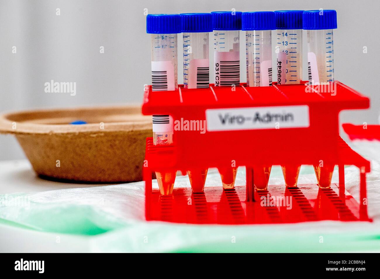 Durante la prueba se observan muestras de prueba en tubos.se puso otro lugar de prueba de detección de coronavirus en Schiedam, donde se analizan personas que tienen quejas o preocupaciones en relación con el coronavirus. Casi 1000 personas pueden ser sometidas a pruebas en el centro de pruebas de conducción de schiedam con cita previa al día tras el aumento mundial de las infecciones por coronavirus. Foto de stock