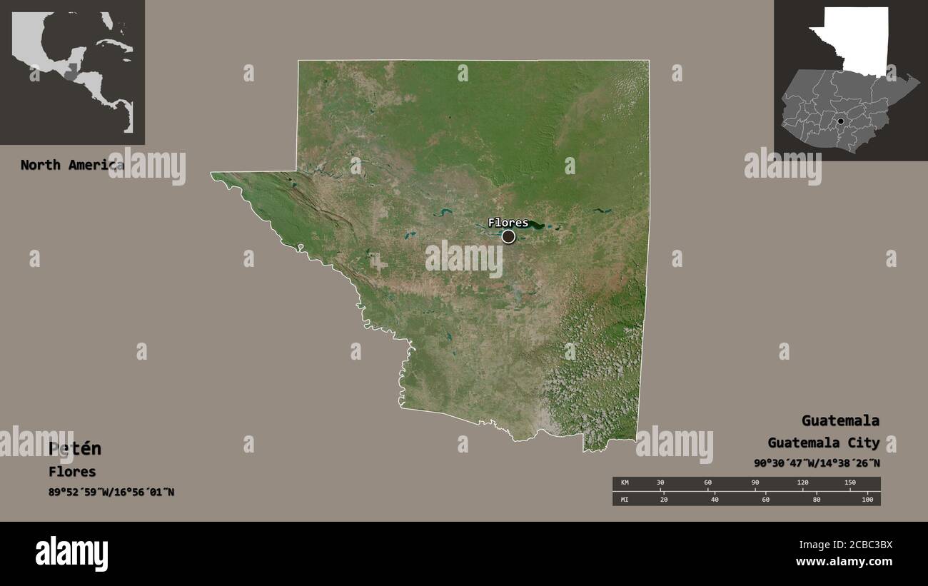 Forma de Petén, departamento de Guatemala, y su capital. Escala de