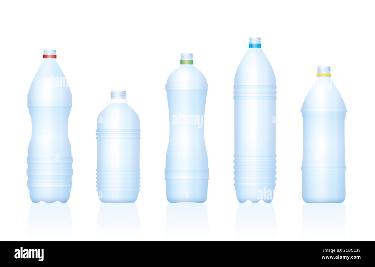 Botellas de plástico. Varios azul vacío transparente sin etiquetar botella de agua - ilustración sobre fondo blanco. Foto de stock