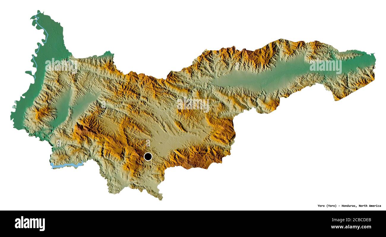 Forma de Yoro, departamento de Honduras, con su capital aislada sobre fondo blanco. Mapa