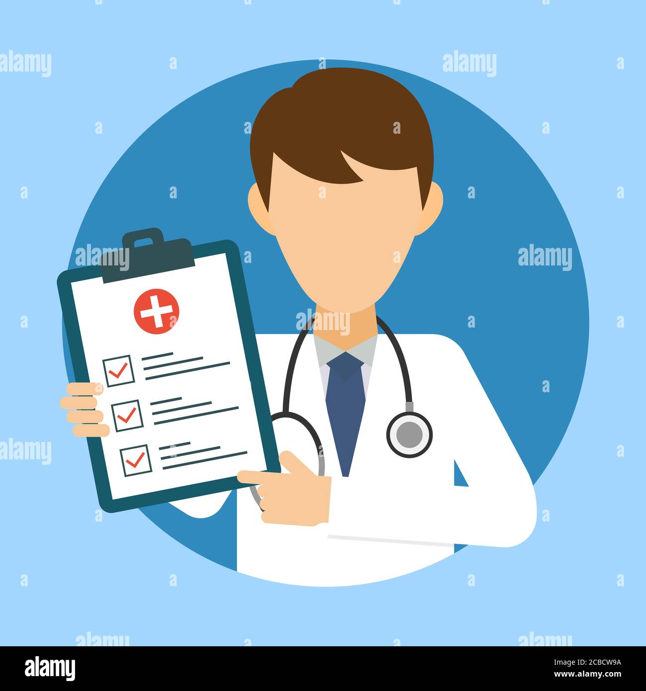 Médico con estetoscopio y examen médico. Icono médico en estilo plano.  Concepto de servicios de salud. Banner con diagnóstico médico en línea.  Examina médica Imagen Vector de stock - Alamy