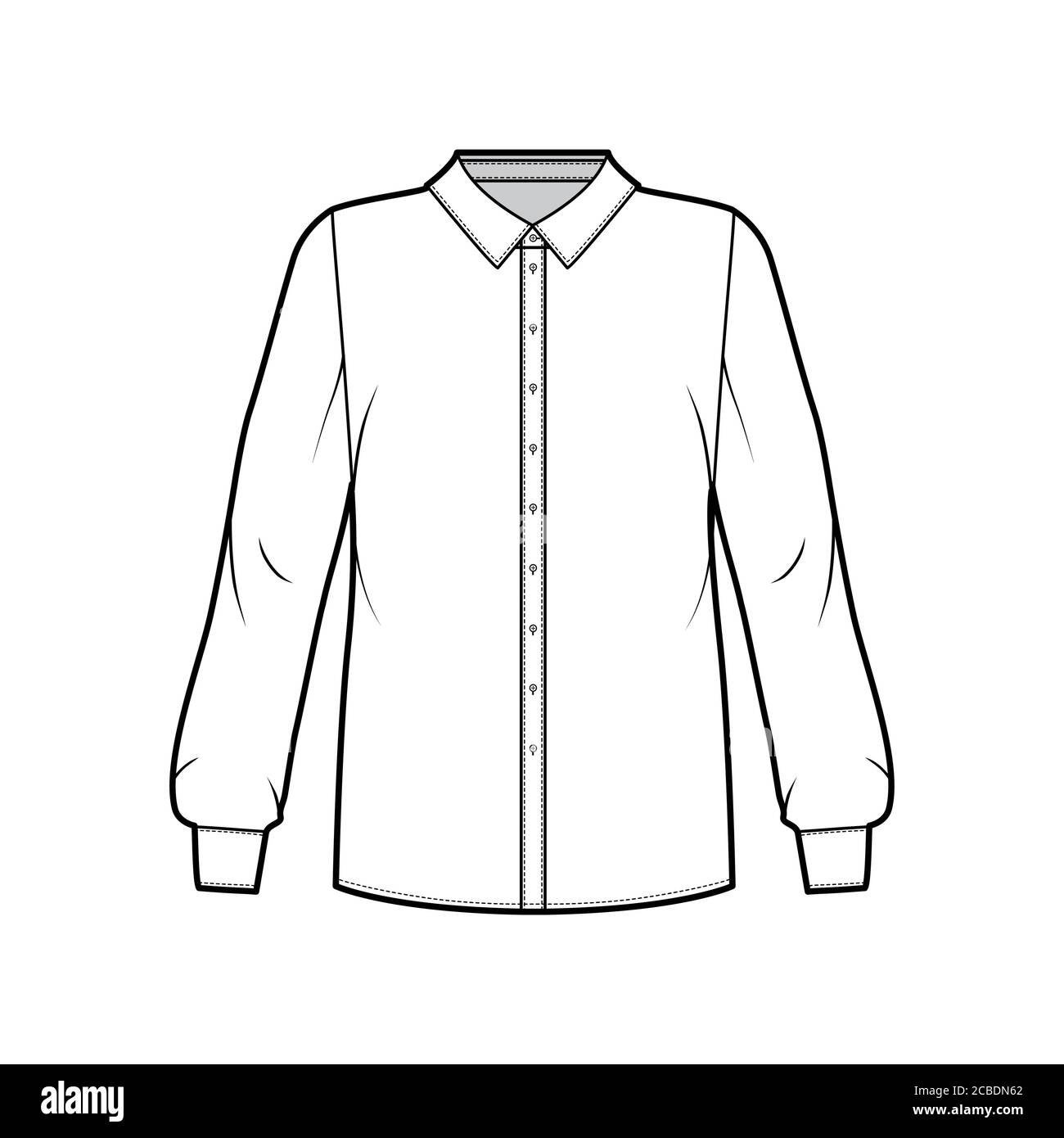 Camisa clásica técnica ilustración de moda con cuello básico con soporte,  mangas largas con puño, cuerpo de gran tamaño, canesú redondo trasero.  Prendas planas top plantilla frontal color blanco. Mujeres hombres unisex