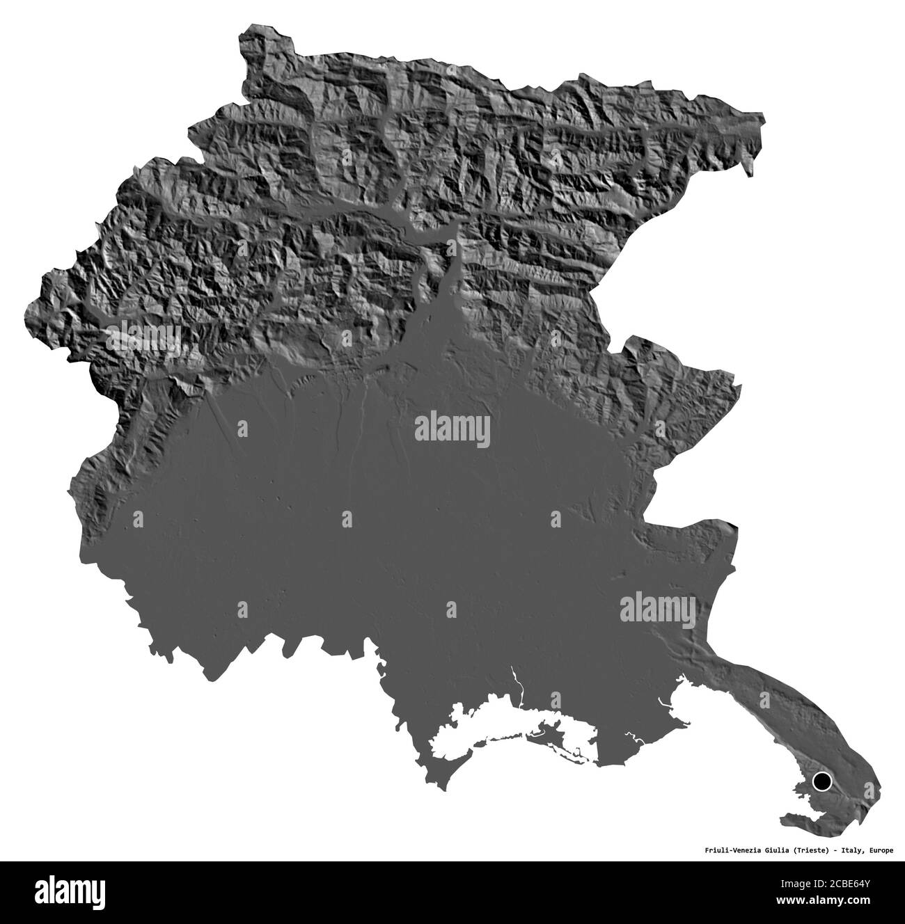 Forma de Friuli-Venecia Julia, región autónoma de Italia, con su capital aislado sobre fondo blanco. Mapa de elevación en dos niveles. Renderizado en 3D Foto de stock