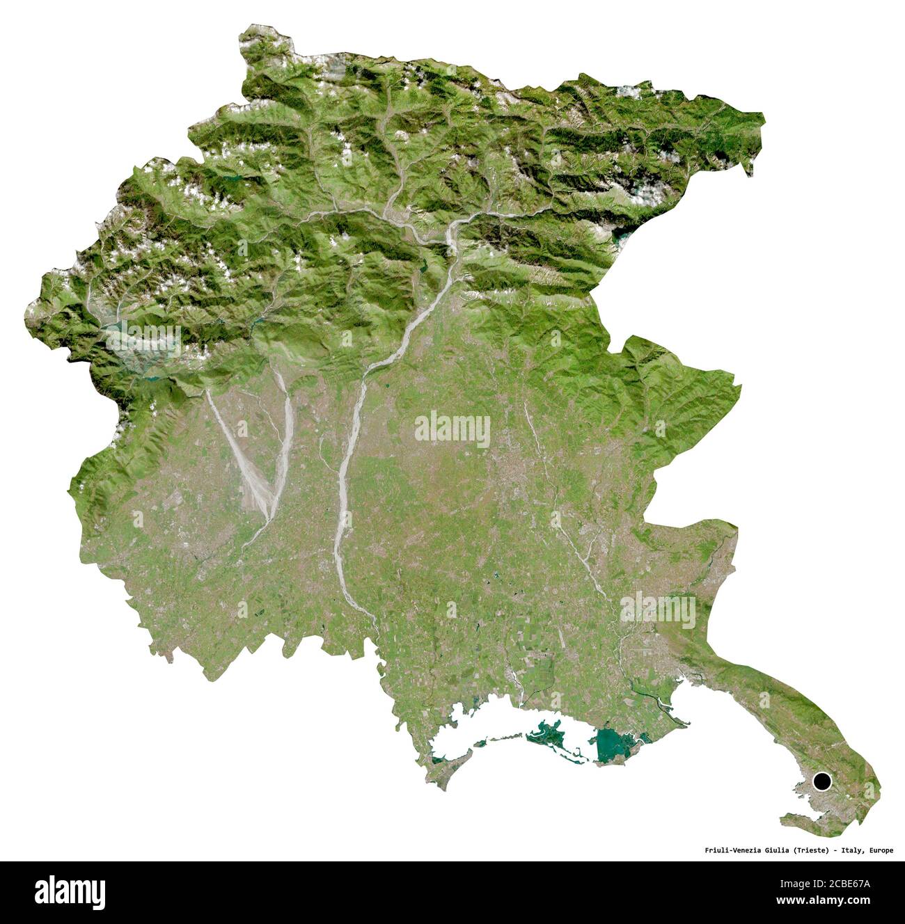 Forma de Friuli-Venecia Julia, región autónoma de Italia, con su capital aislado sobre fondo blanco. Imágenes por satélite. Renderizado en 3D Foto de stock