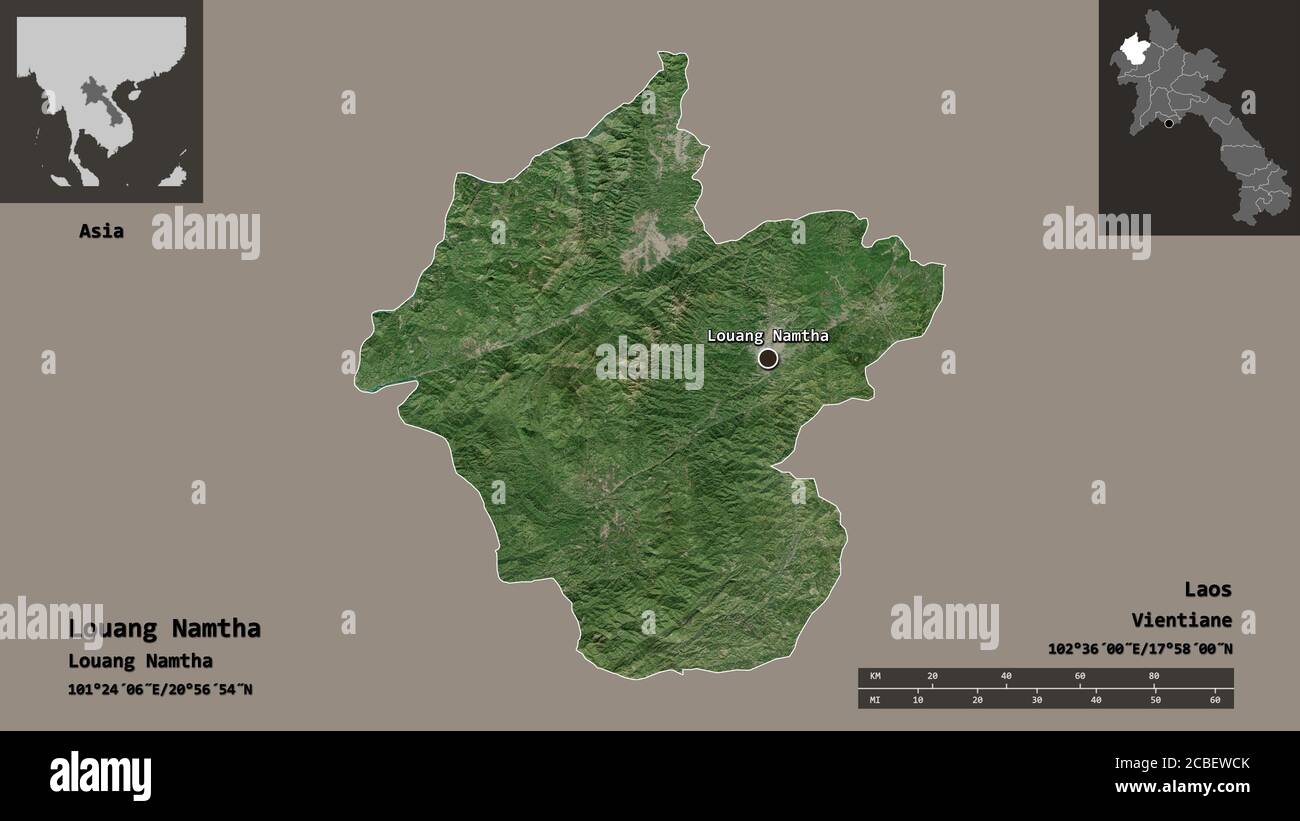 Forma de Louang Namtha, provincia de Laos, y su capital. Escala de distancia, vistas previas y etiquetas. Imágenes por satélite. Renderizado en 3D Foto de stock