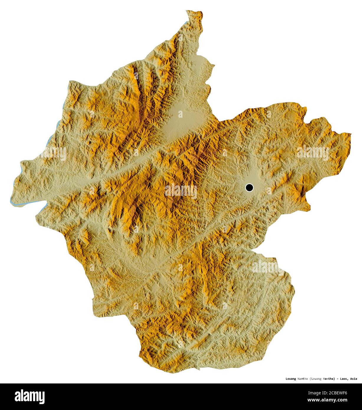 Forma de Louang Namtha, provincia de Laos, con su capital aislado sobre fondo blanco. Mapa topográfico de relieve. Renderizado en 3D Foto de stock