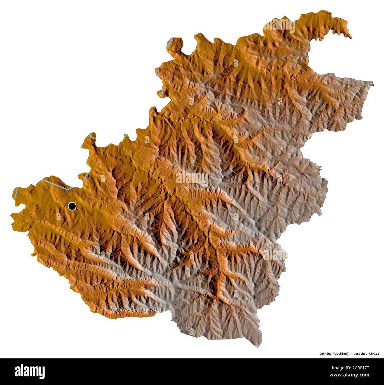 Forma de Quthing, distrito de Lesotho, con su capital aislada sobre fondo blanco. Mapa topográfico de relieve. Renderizado en 3D Foto de stock