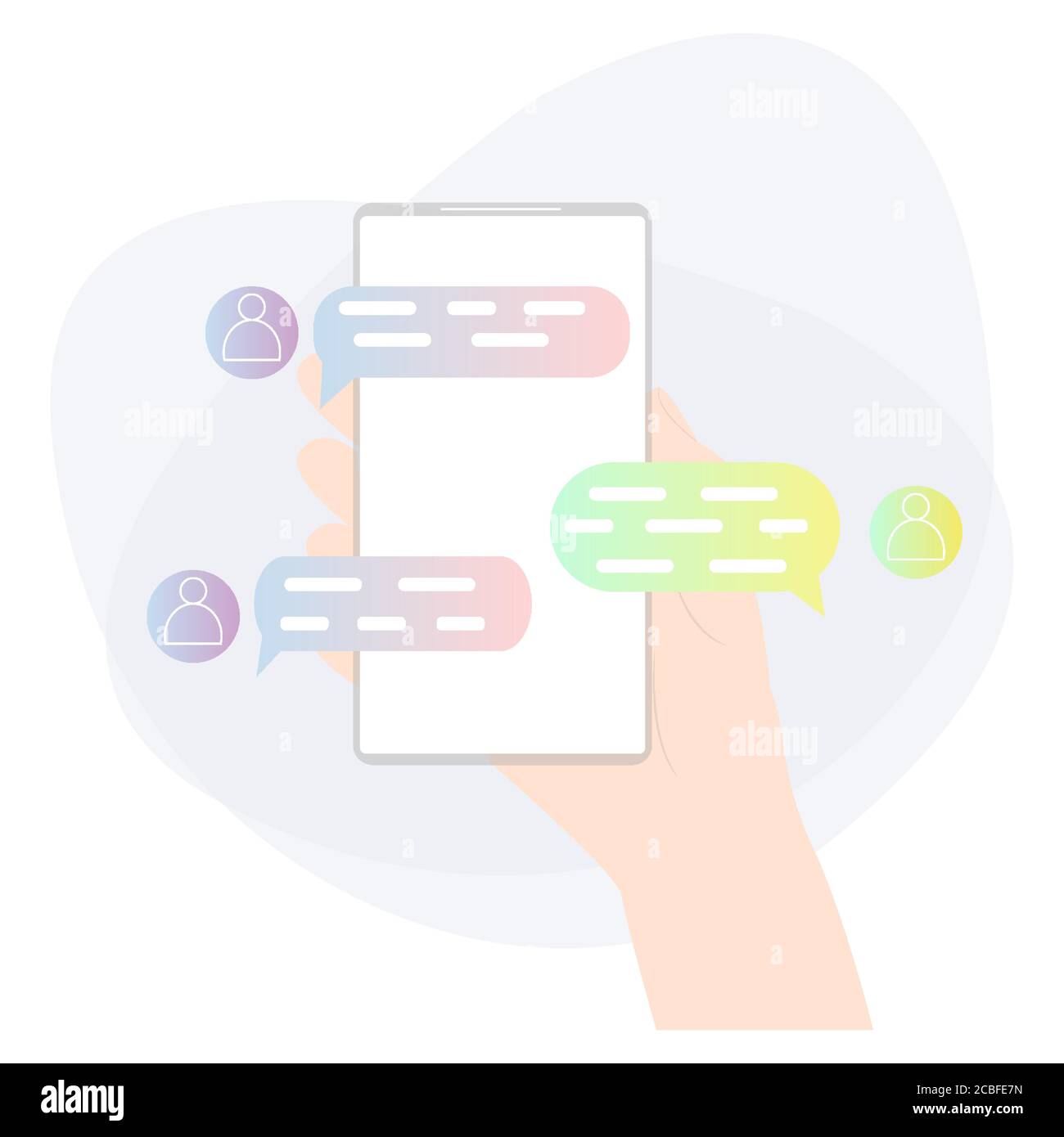 Con la mano sosteniendo el teléfono móvil y charlando. Chat en línea, aplicación de mensajería. Relaciones en la ilustración de vector-distancia Ilustración del Vector