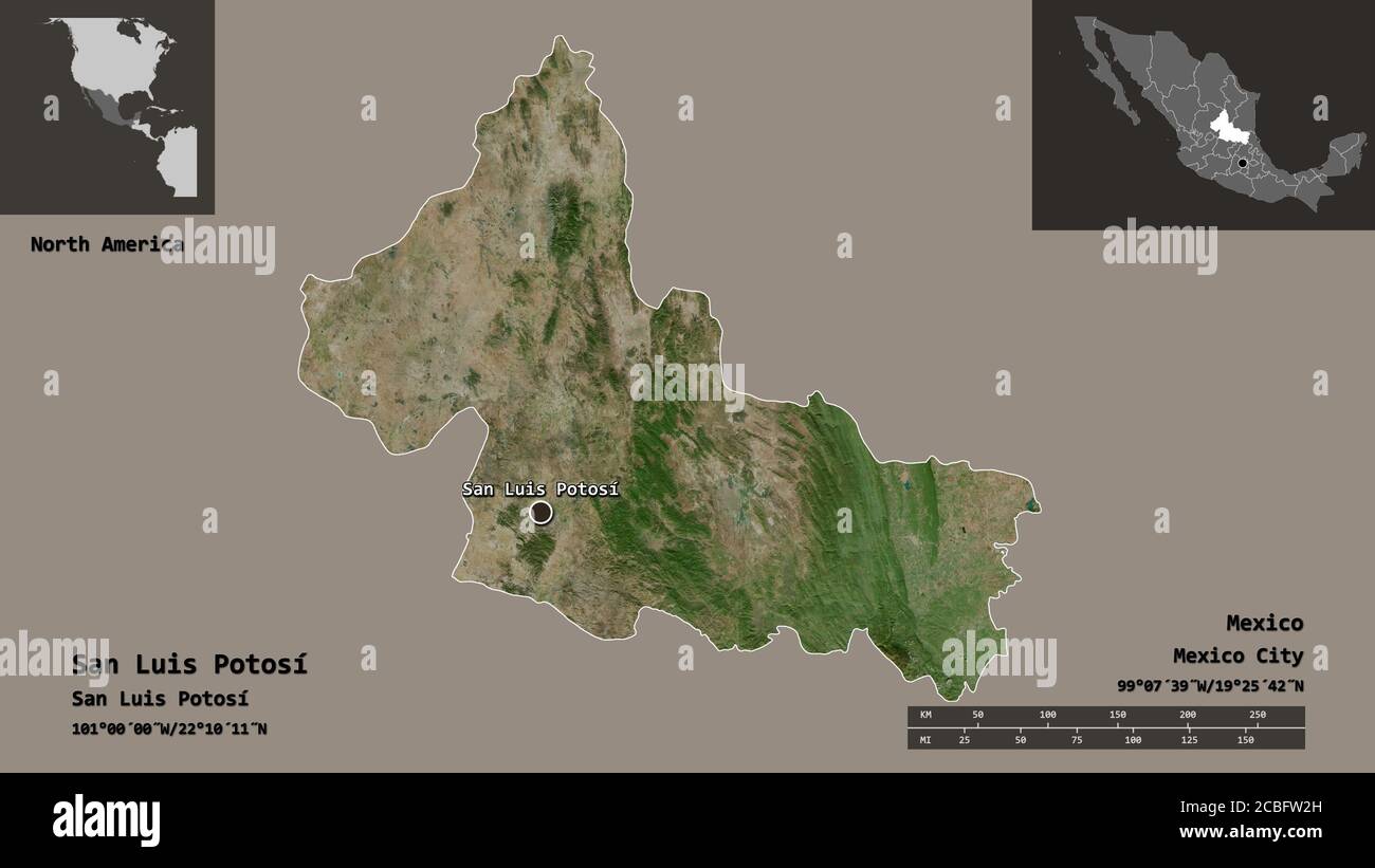 Forma de San Luis Potosí, estado de México, y su capital. Escala de distancia, vistas previas y