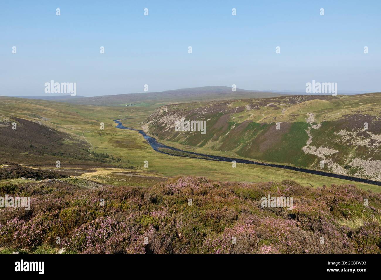 La vista desde Man Gate en Cronkley cayó a lo largo del río Tees hacia Falcon Clints y Meldon Hill en un cálido día de verano, Teesdale County Durham, Reino Unido Foto de stock