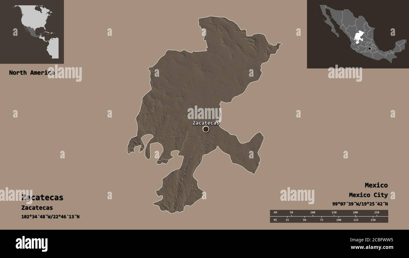 Forma de Zacatecas, estado de México, y su capital. Escala de distancia