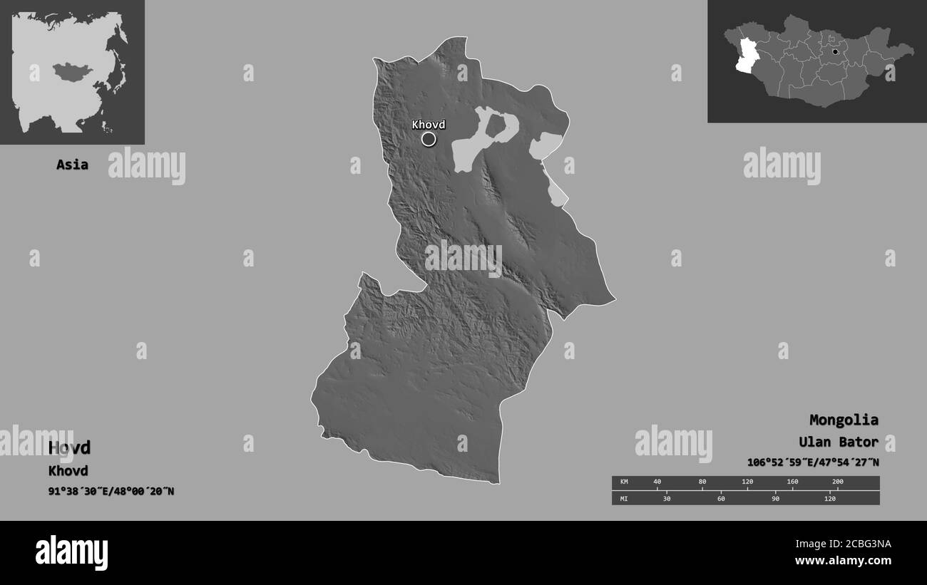 Forma de Hovd, provincia de Mongolia, y su capital. Escala de distancia