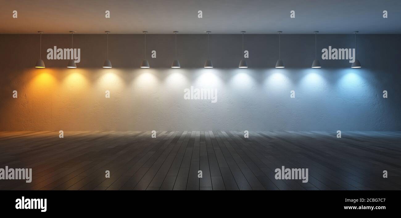 Imagen de renderizado en 3D de 10 lámparas colgantes que utilizan diferentes bombillas. Escala de temperatura de color. Color del espectro en la pared de concreto agrietada Foto de stock