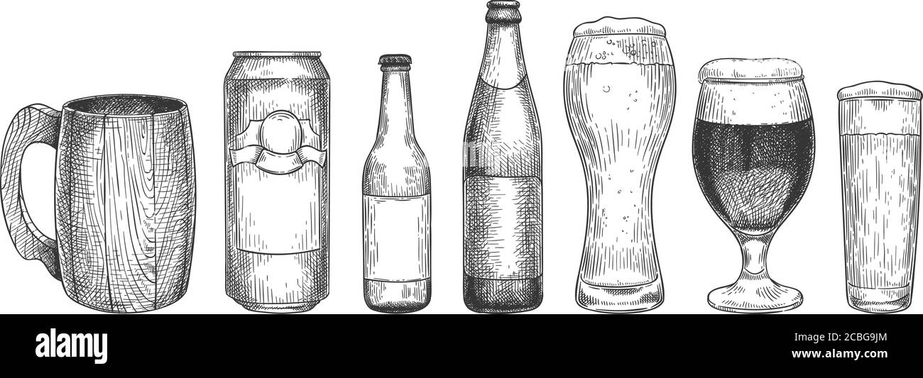 Cerveza de boceto. Vasos de cerveza, tazas y botellas con cerveza, objeto para la web, cartel y fiesta de invitación o menú de pub vintage dibujado a mano conjunto de vectores Ilustración del Vector