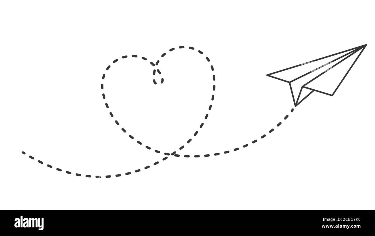 Avión de papel con trayecto del corazón. Avión de vuelo con la ruta de aire  punteada en forma de corazón, romántico o mensaje tarjeta de día san  Valentín vector diseño Imagen Vector