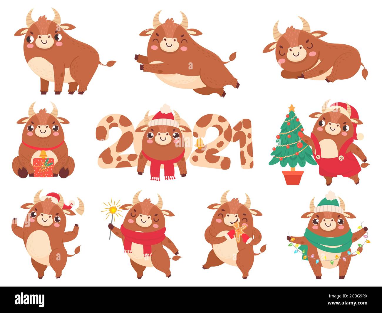 Lindo buey. Color toros chino año nuevo 2021 símbolo, animales con cuernos,  vacas y búfalos familia para calendario o tarjetas, dibujos animados vector  conjunto Imagen Vector de stock - Alamy