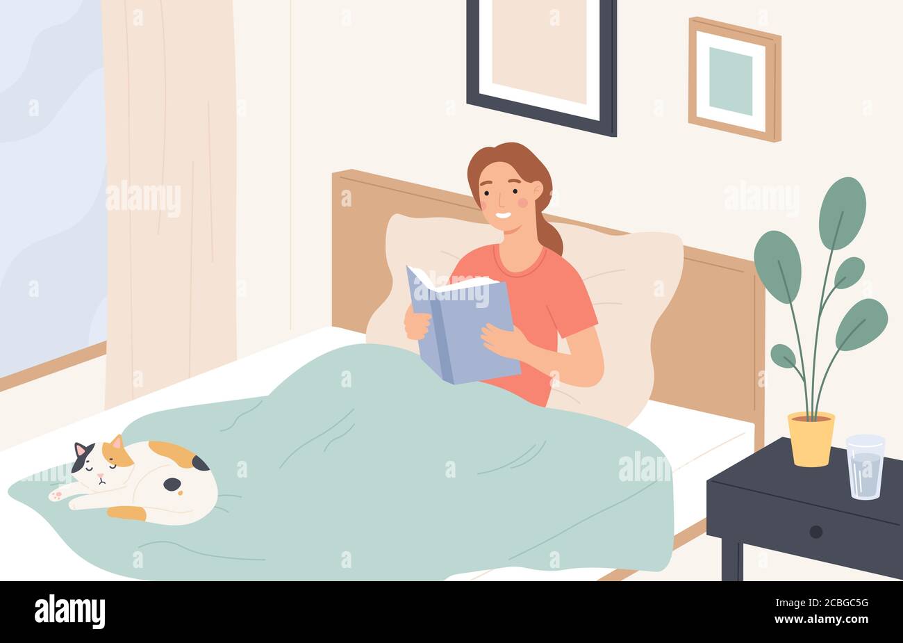 Mujer leyendo en la cama. La niña lee el libro y se relaja en el sofá.  Reposo en casa perezoso, lectura de literatura antes de dormir, vector  plano concepto Imagen Vector de