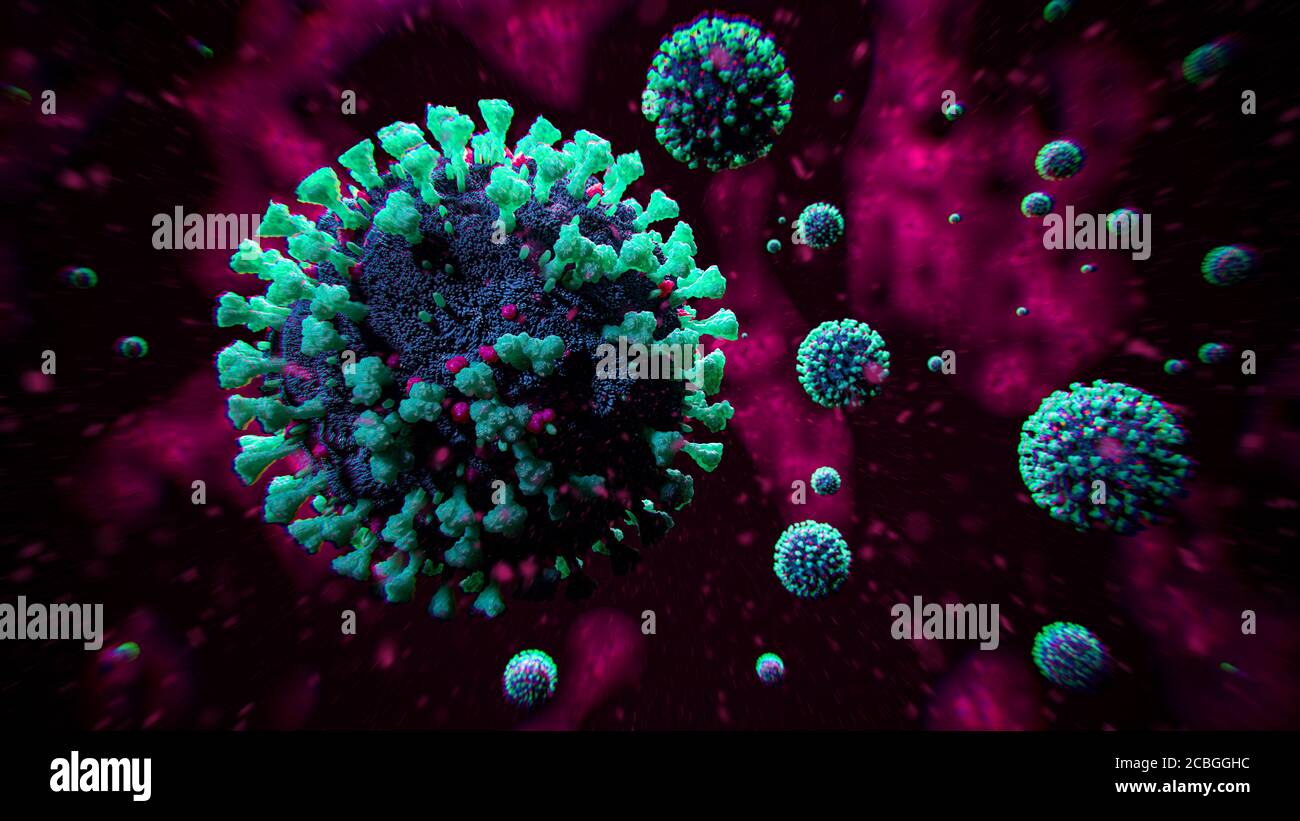 Blue COVID-19 moléculas de coronavirus sobre fondo rojo - virus de la gripe Alcanzando la segunda ola - cobertura de brote pandémico Foto 3D Rendering Foto de stock