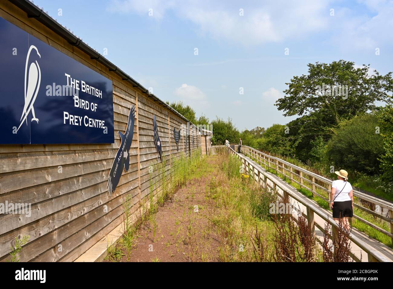 Carmarthen, Gales - Agosto 2020: Persona caminando a la entrada del Centro Británico de aves de presa en el Jardín Botánico Nacional de Gales Foto de stock