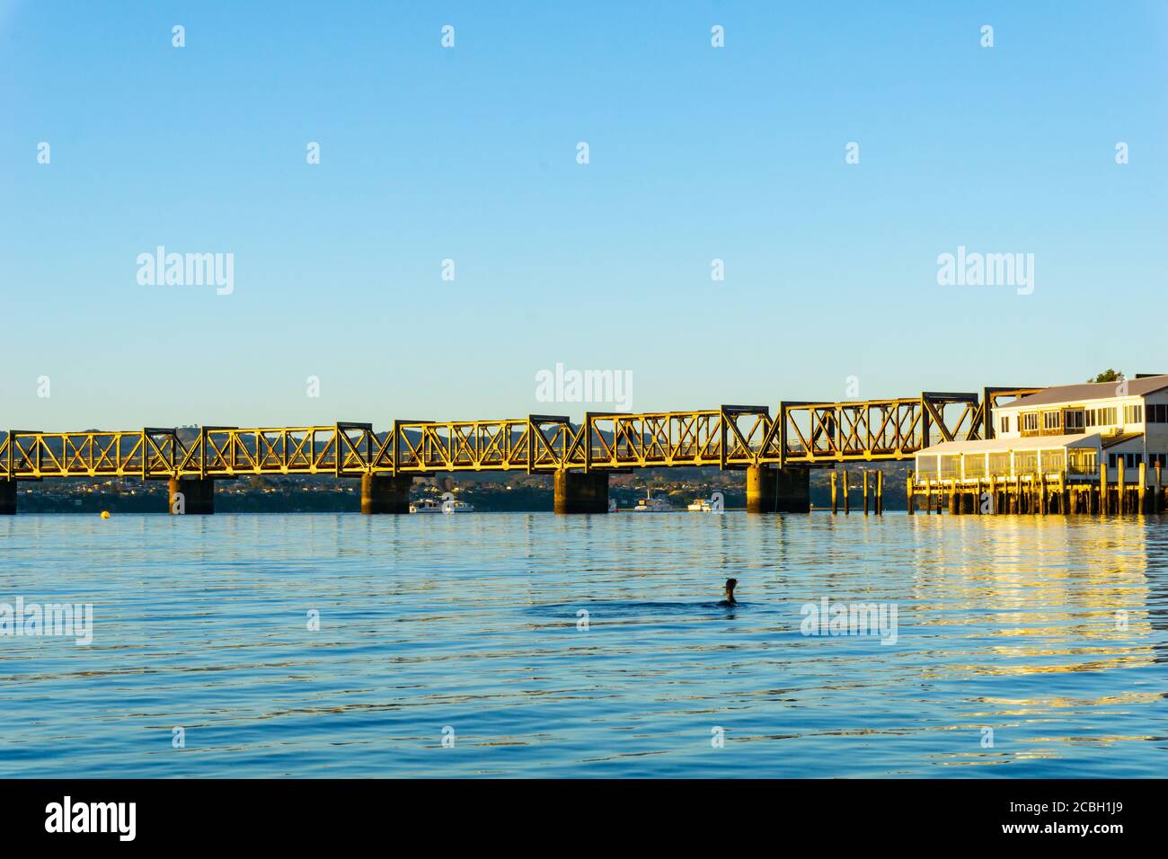 Tauranga Railway bridge captura el brillo del amanecer en la distancia a través de aguas azules y tranquilas en la imagen de fondo de bajo nivel. Foto de stock