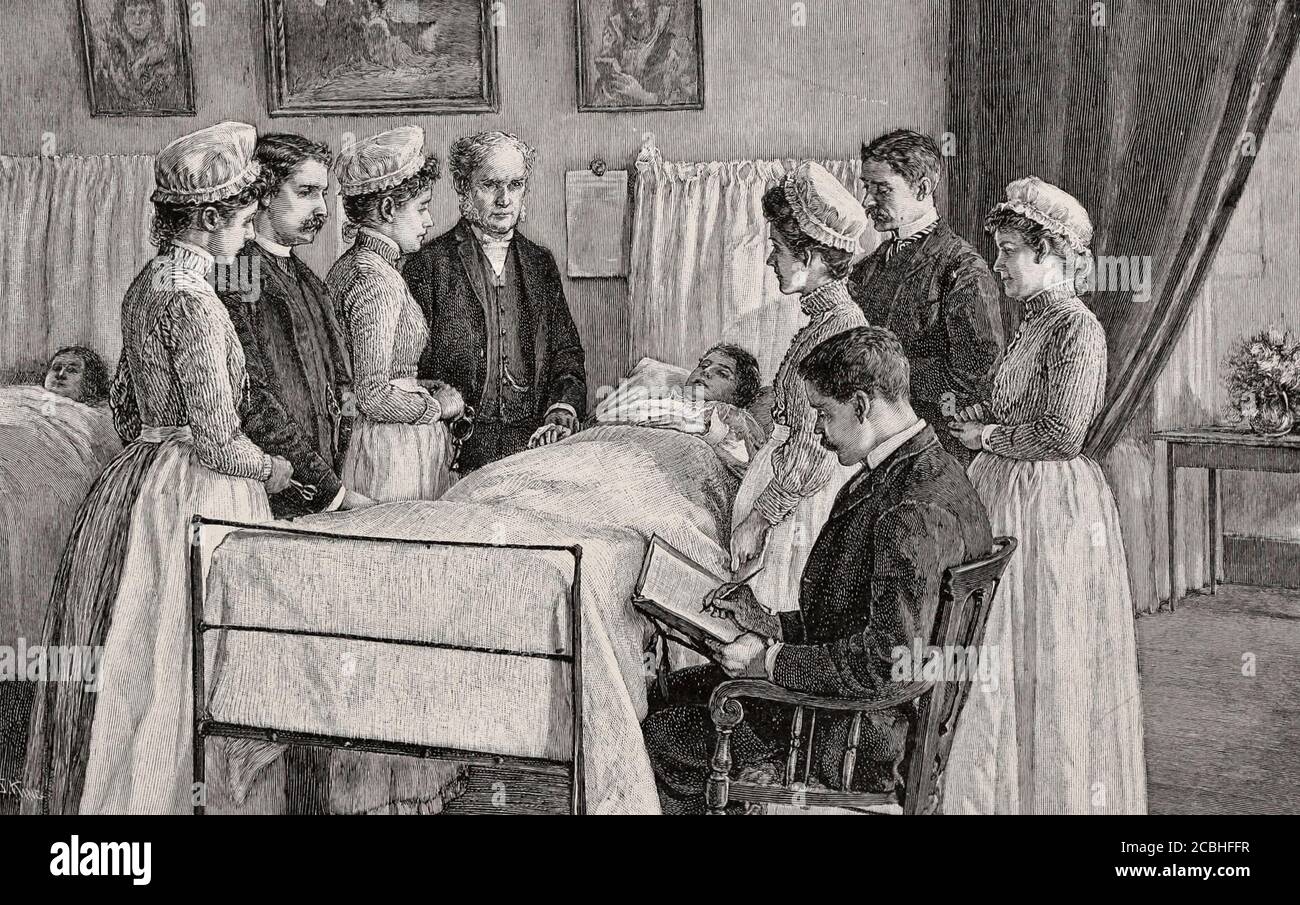 Un caso crítico - una consulta en cama para el beneficio de los estudiantes y enfermeras en el Hospital Bellevue, Nueva York, alrededor de 1892 Foto de stock
