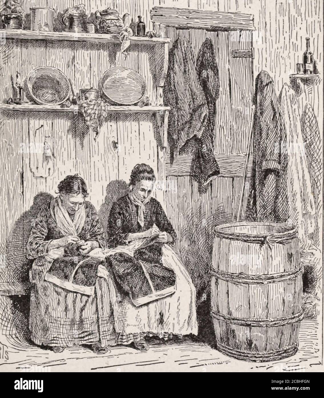 Acabando pantalones de chicos a diez centavos por docena pares - Nueva York, alrededor de 1892 Foto de stock