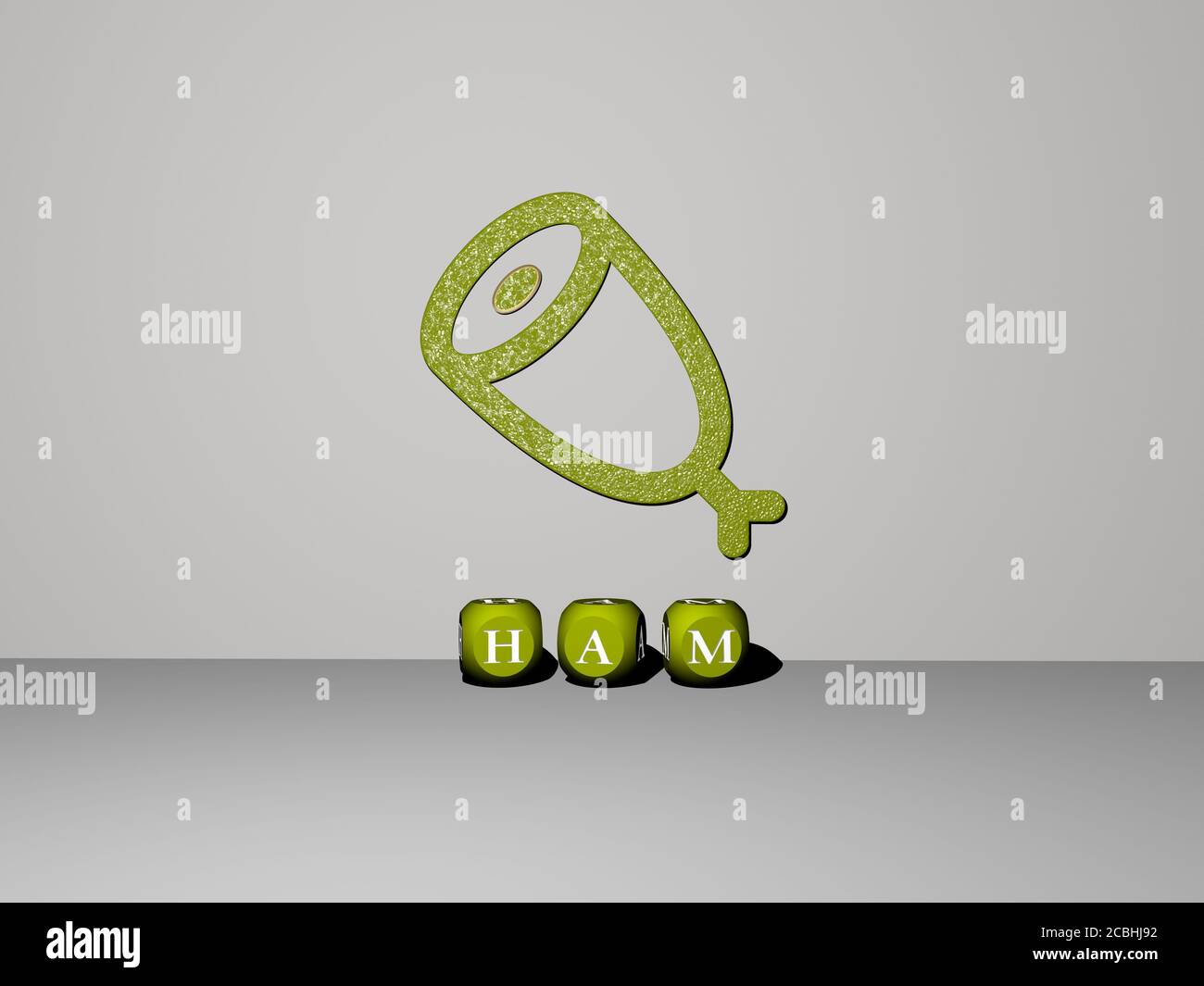 Representación 3D de jamón con icono en la pared y. texto organizado por  letras cúbicas metálicas en un suelo de espejo para el concepto de  significado y presentación de diapositivas para comida
