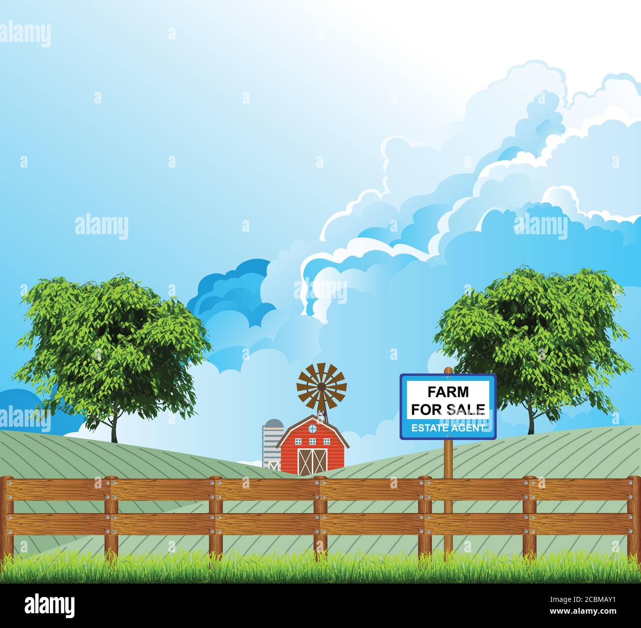 Pintoresca escena rural con granja agente inmobiliario para la venta tabla contra un cielo azul nublado Ilustración del Vector