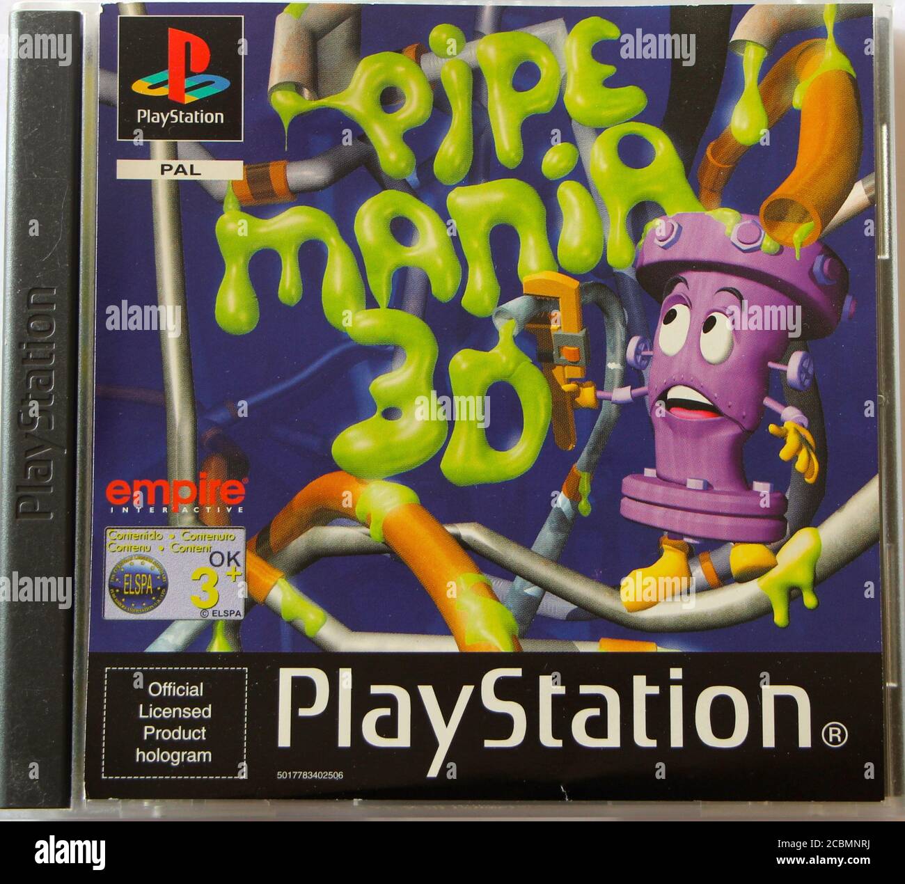 Foto de una caja original de CD de PlayStation 1 y portada para Pipe Mania 3D de Empire Interactive Foto de stock