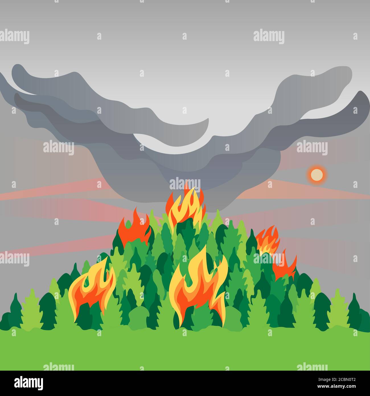 Los incendios forestales de montaña de desastres árboles vectoriales  planas. Los incendios forestales destruyen bosque de dibujos animados.  Fire-cicatrices pinos, sol a través de la neblina. Bosque quemado Imagen  Vector de stock -
