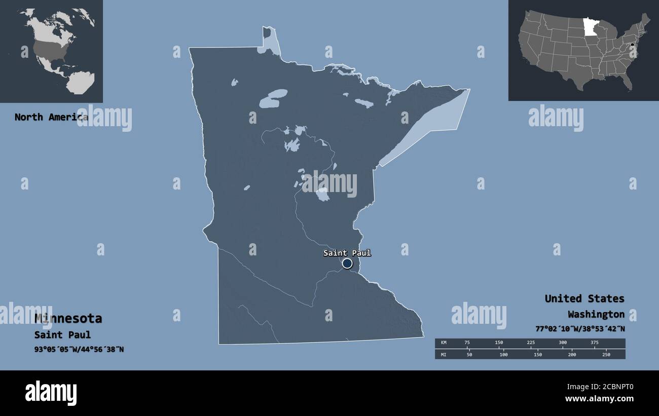 Forma de Minnesota, estado de los Estados Unidos de América, y su capital. Escala de distancia
