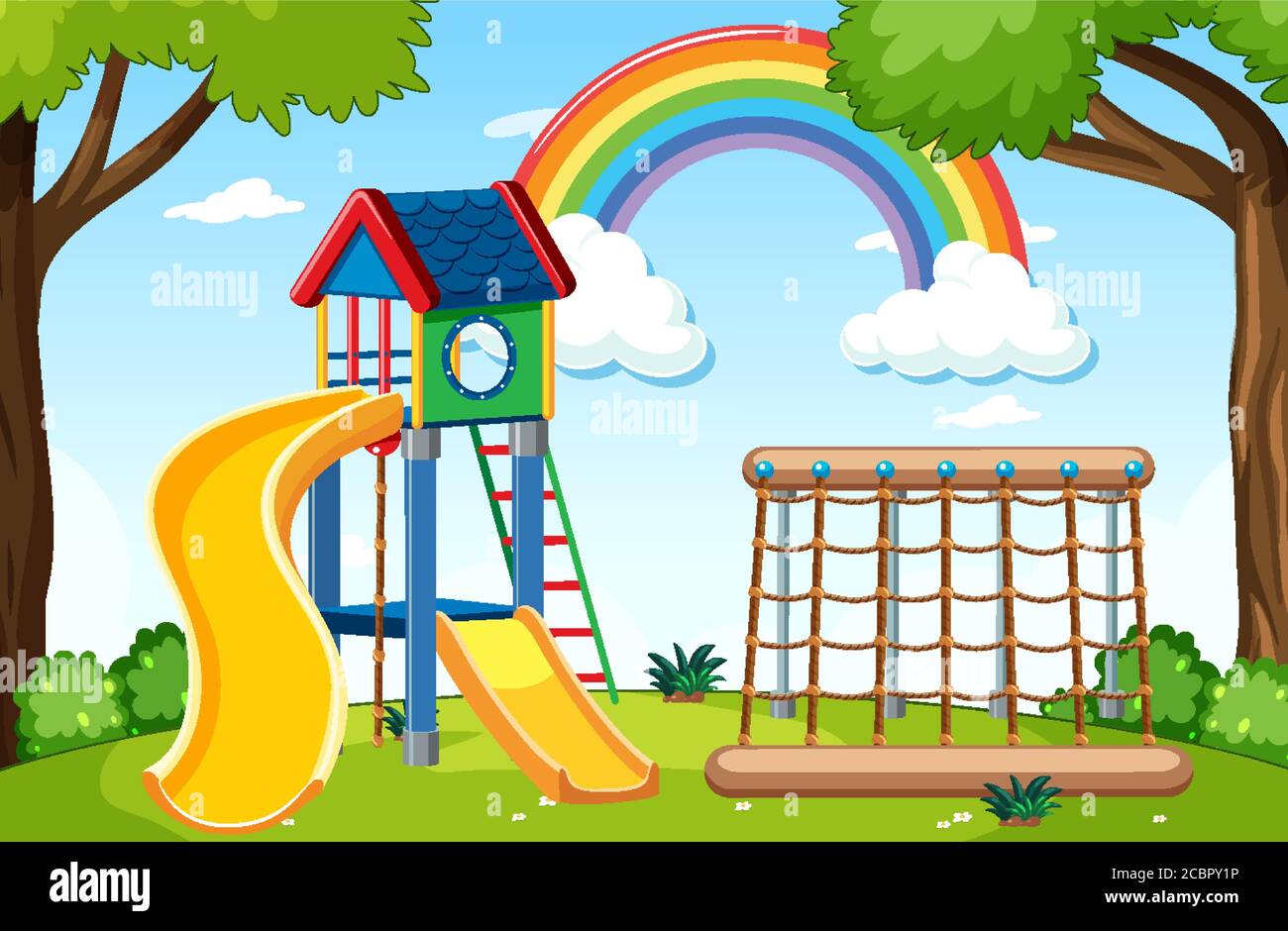 Parque infantil en el parque con arco iris en el cielo en el día de dibujos  animados estilo Imagen Vector de stock - Alamy