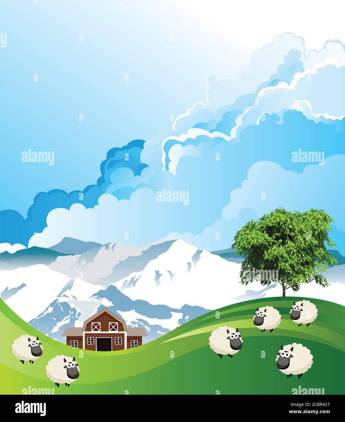 Pintoresca escena rural con un rebaño de ovejas pastando verano pastos montañosos de tierras bajas contra un cielo azul nublado Ilustración del Vector