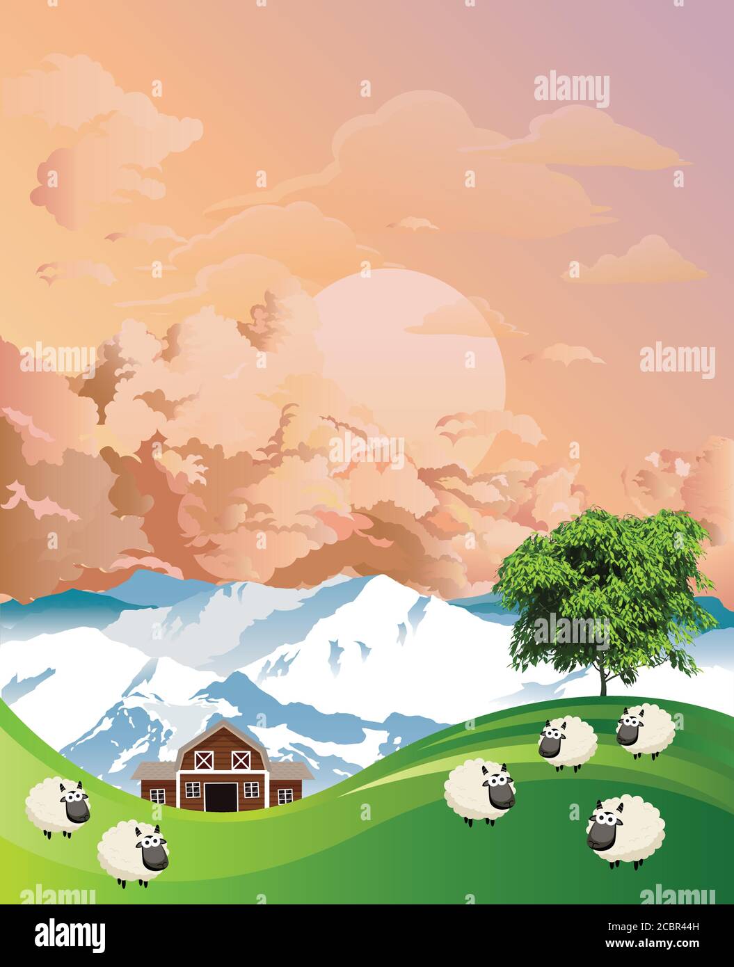 Pintoresca escena rural con un rebaño de ovejas pastando pastos montañosos de verano en las tierras bajas contra el amanecer o el atardecer cielo Ilustración del Vector