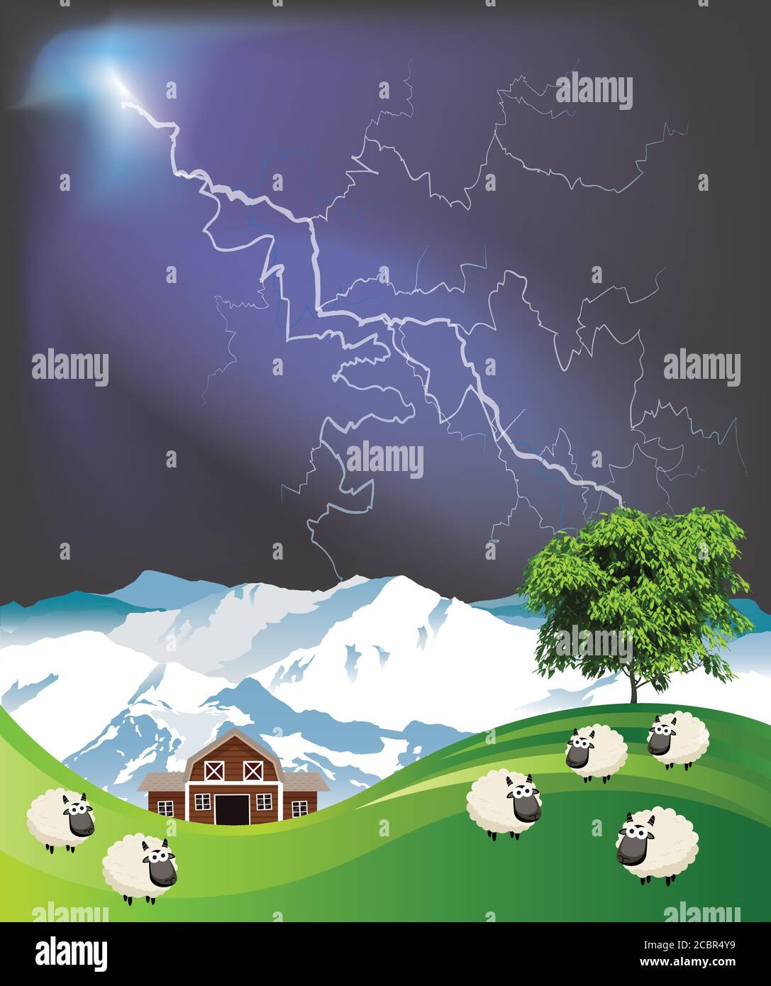 Pintoresca escena rural con un rebaño de ovejas pastando pastos montañosos de verano en las tierras bajas contra un espectacular cielo de trueno Ilustración del Vector