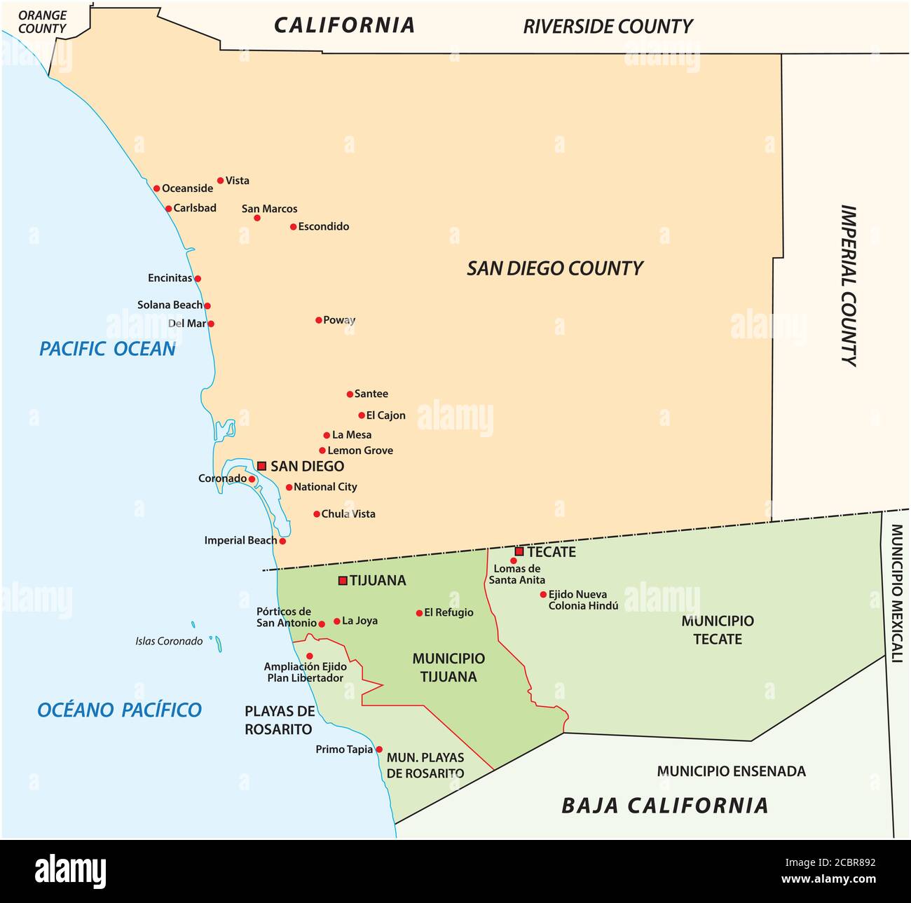 Mapa de vectores administrativos de la aglomeración transfronteriza San Diego-Tijuana, México, Estados Unidos Ilustración del Vector