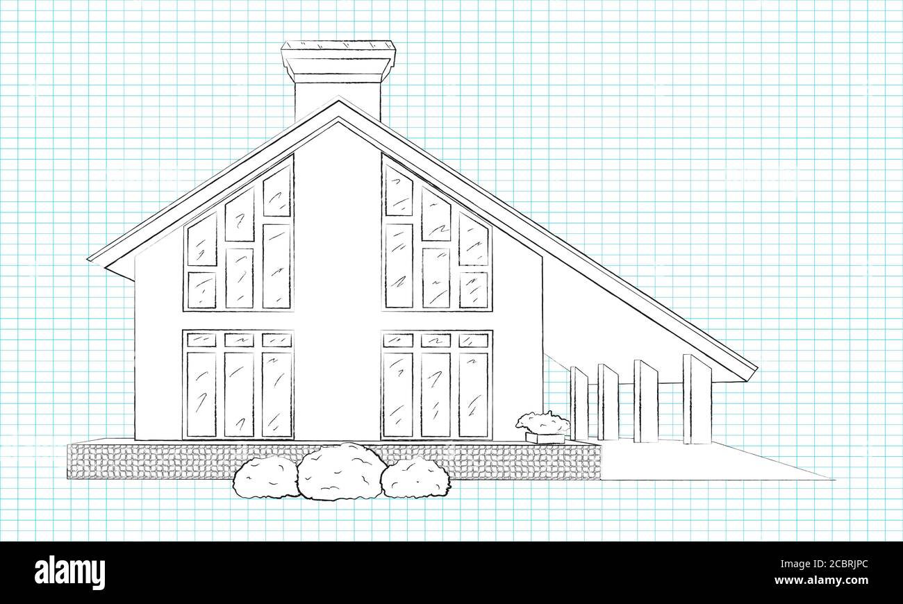Dibujo de lápiz lineal de la fachada de la casa. Silueta blanca de una casa  tipo cabaña. Ilustración aislada Fotografía de stock - Alamy