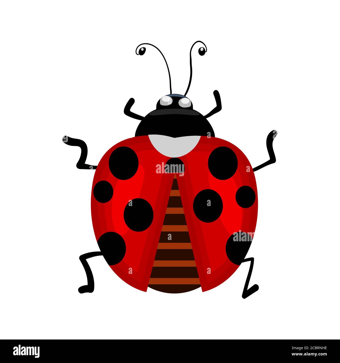 Mariquita aislada sobre fondo blanco. Icono pequeño de ladybug. Signo de error de señora roja. Vista superior de dibujos animados negro y rojo insecto dama escarabajo. Símbolo de la naturaleza, Ilustración del Vector
