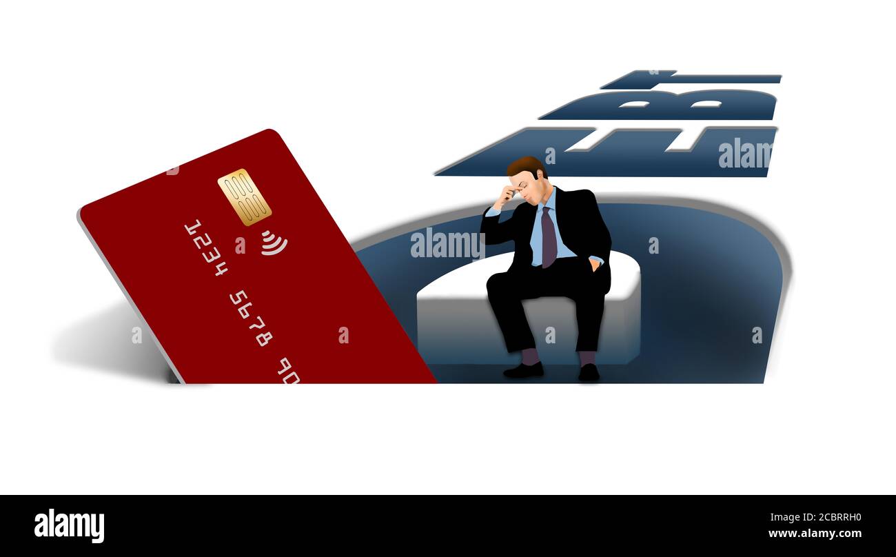 Una tarjeta de crédito se ve dentro de la palabra DEUDA en esta ilustración  sobre la deuda de la tarjeta de crédito. Un hombre es visto mirando  preocupado dentro del hoyo Fotografía