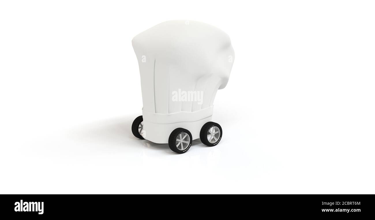 Sombrero de chef con ruedas, entrega de comida casera 3D rendering Foto de stock