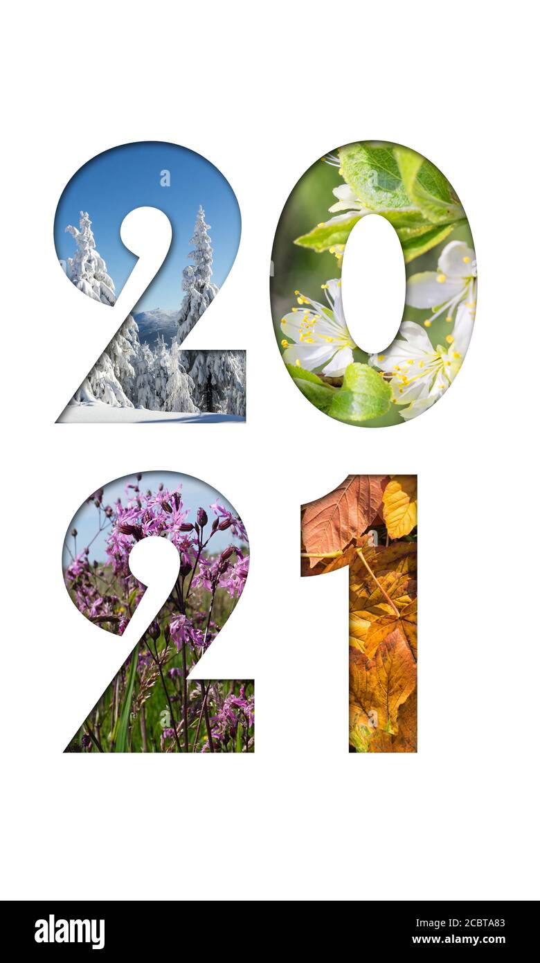 Número 2021 de fotos de Four Seasons para calendario, volante, cartel, postal, banner. Imagen vertical. Foto de stock