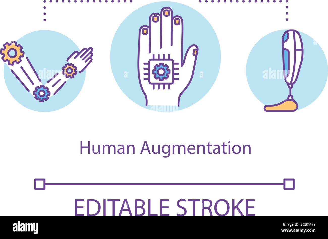 Concepto de aumento humano icono. Hacking corporal, idea de biopunk ilustración de línea delgada. Mejora personal con prótesis de extremidades y microchips. Isol vectorial Ilustración del Vector