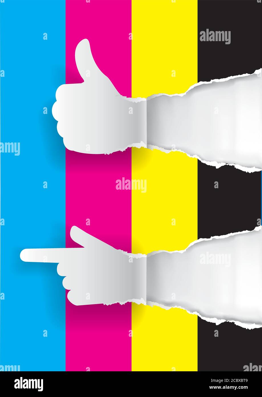 Impresión en color promoción fondo con pulgares para arriba. Silueta de papel de pulgares hacia arriba y dirección de la mano con colores de impresión. Vector disponible. Ilustración del Vector