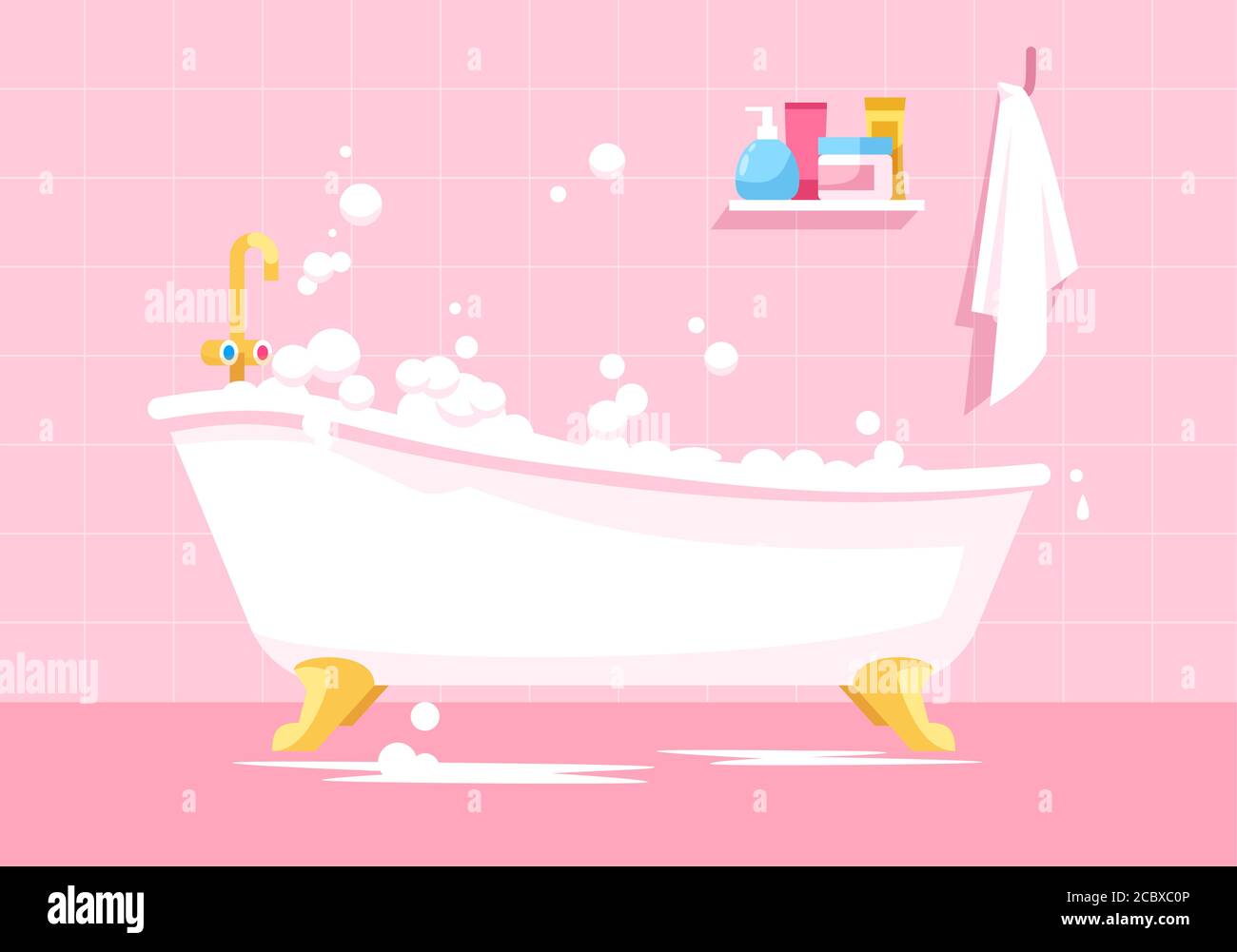 Baño rosa semi plano vector ilustración. Bañera con burbujas. Bañera