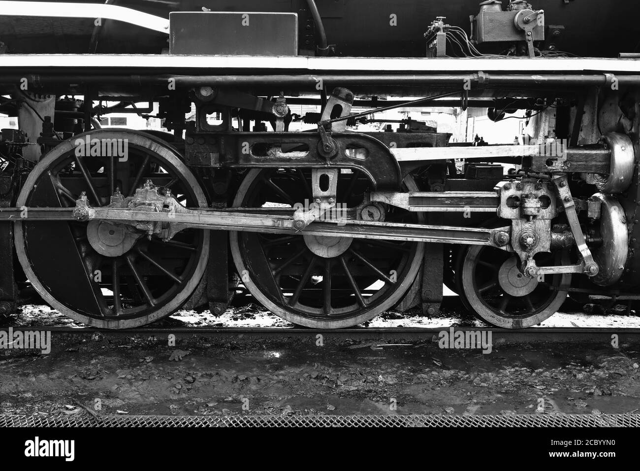 La rueda de tren de la locomotora de vapor Back y White Tono Foto de stock