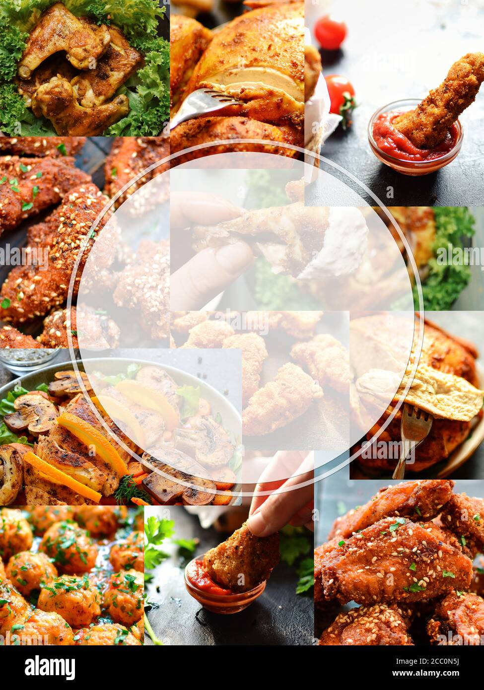 Varios primeros planos de comida sabrosa. Collage de comida. Surtido y menú. Espacio libre para texto. Foto de stock