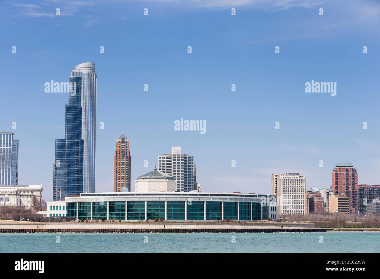 Chicago, Illinois, EE.UU., vista del Acuario Shedd y Willis torre con el lago Michigan Foto de stock