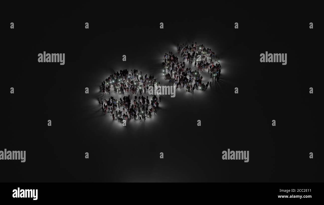 representación 3d de multitud de personas diferentes con linterna en forma  del símbolo de dos pastillas sobre fondo oscuro con sombras Fotografía de  stock - Alamy