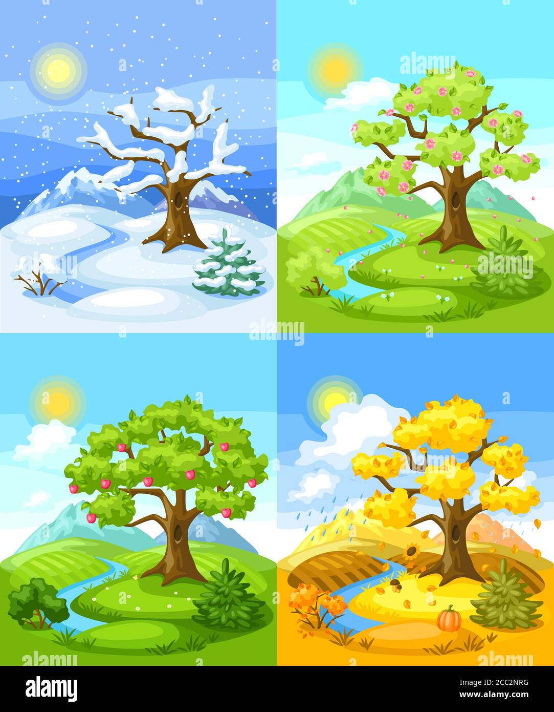 Paisaje de cuatro estaciones. Ilustración con árboles, montañas y colinas  en invierno, primavera, verano, otoño Imagen Vector de stock - Alamy