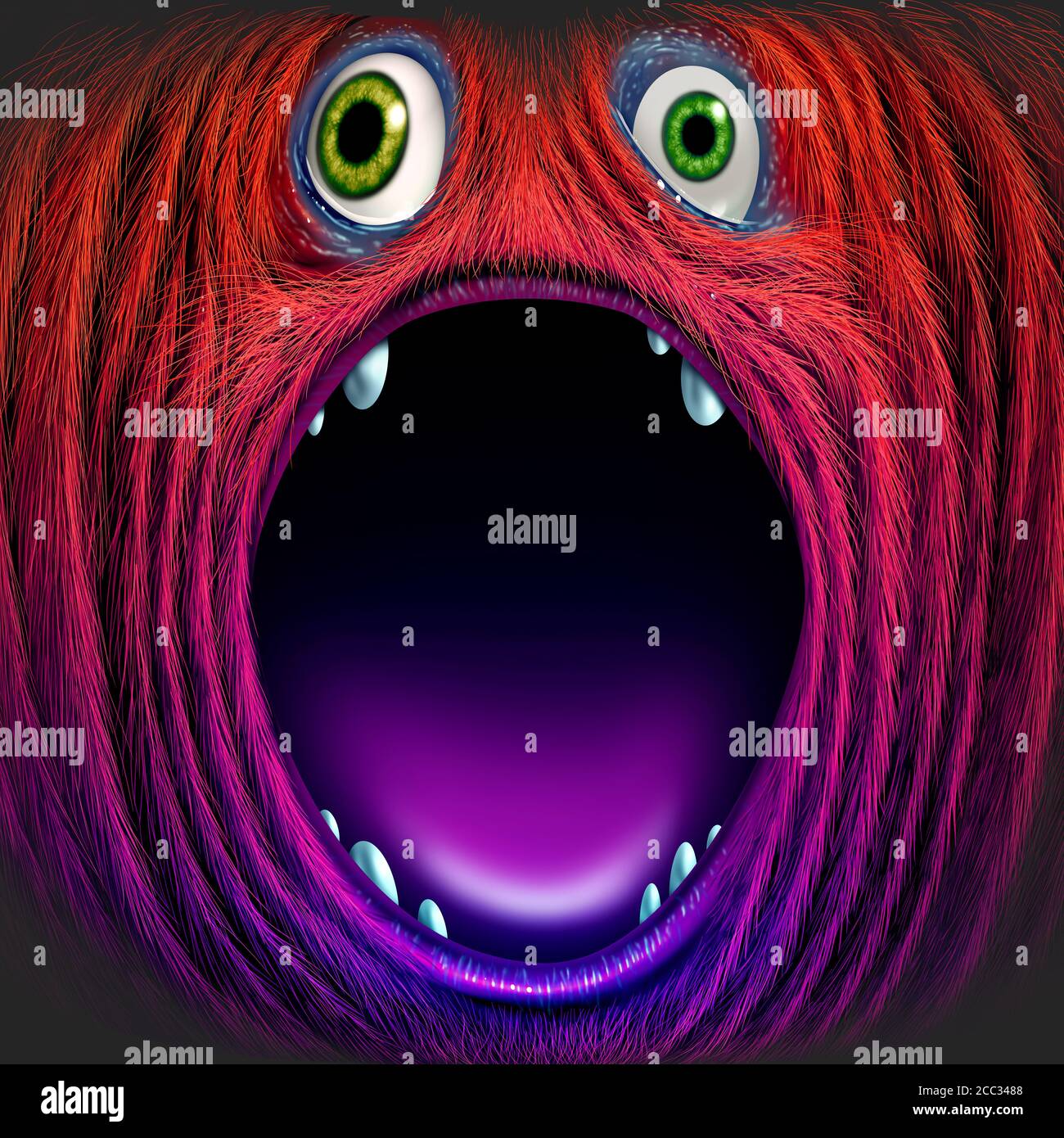Monstruo rojo o tonto avatar sasquatch con una gran boca abierta como una criatura salvaje furiosa como un símbolo de halloween con elementos de ilustración 3D. Foto de stock